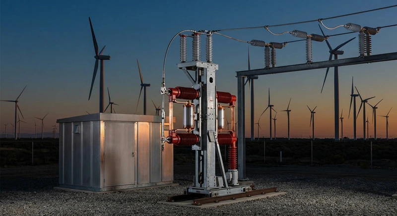 Outdoor medium-voltage vacuum circuit breaker at wind farm at dusk, clean energy power distribution equipment in sunset scenery
